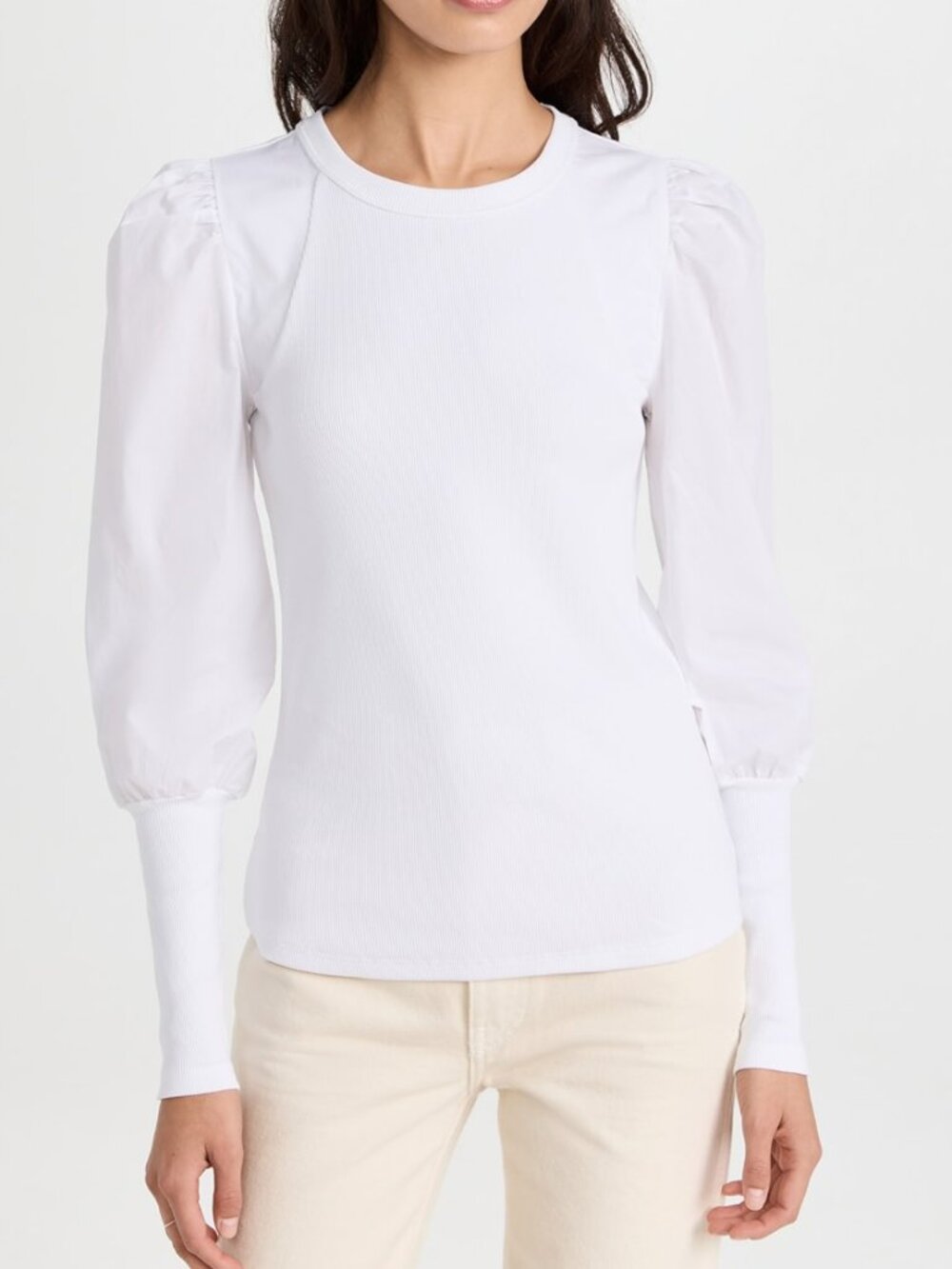 Veronica Beard Donovan White Ribbed Puff Sleeve Top Size S
